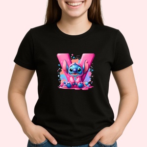 Tricou Alfabet Litera V cu Stitch Roz fericit, explozie de culori, Negru, Unisex Dama si Barbat | Copii