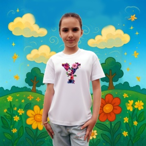 Tricou Alfabet Litera Y cu flori, margarete, flori colorate, Alb, Unisex Dama si Barbat | Copii - Img 6