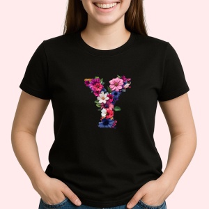 Tricou Alfabet Litera Y cu flori, margarete, flori colorate, Negru, Unisex Dama si Barbat | Copii