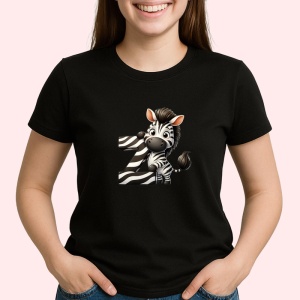 Tricou Alfabet Litera Z cu animal Zebra, Negru, Unisex Dama si Barbat | Copii