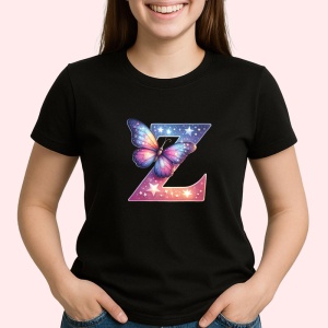 Tricou Alfabet Litera Z cu fluturi colorati, stele aurii, flori colorate, Negru, Unisex Dama si Barbat | Copii