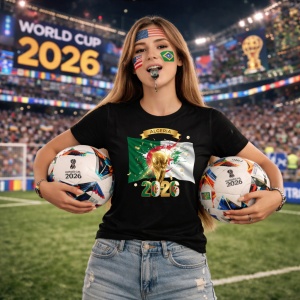 Tricou Algeria World Cup 2026 Fifa V2, din bumbac 100%, tricou negru, Copii | Dama | Barbat - Img 9