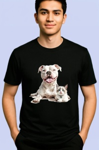Tricou American Pitbull Terrier si pisica Ragdoll prieteni adorabili pe fundal albastru Copii | Dama | Barbat, negru - Img 2