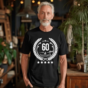 Un bărbat zâmbitor purtând un tricou negru cu textul ''60 de ani de excelență'', înconjurat de o coroană de lauri.