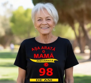 Femeie zâmbitoare purtând un tricou cu mesajul: ''Așa arată o mamă adevărată la 98 de ani''