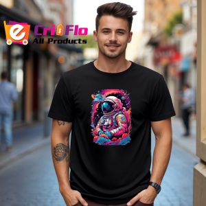 Tricou Astronaut colorat in spatiu cu fum roz albastru Copii | Dama | Barbat, culoare negru - Img 5