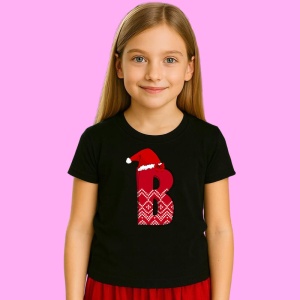 Tricou B Litera Rosie Cu Caciulita Si Inimioare Albe, din bumbac 100% Copii | Dama | Barbat - Img 2