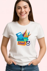 Tricou Back To School Rechizite Scolare Colorate, din bumbac 100% , tricou alb pentru Copii | Dama | Barbat - Img 2