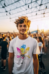 Tânăr cu păr dezordonat, purtând un tricou alb cu design viu colorat ce include personajele Tweety și Sylvester, aflat într-o mulțime la un eveniment în aer liber, sub un apus de soare cald și o structură metalică.
