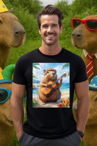 Tricou Barbat CapyBara - Canta la chitara Ukulele pe o plaja in Hawaii - Img 4