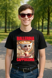 Tricou Barbat Tralalero Tralala cu personajul Ballerina Cappuccina - Italian Brainrot Meme