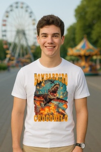 Tricou Barbat Tralalero Tralala cu personajul Bombadiro Crocodilo Meme Crocodilo Fire - Italian Brainrot - Img 5