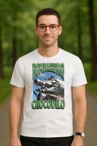 Tricou Barbat Tralalero Tralala cu personajul Bombadiro Crocodilo Funny Italian Brainrot Meme Graphic (1) - Img 3