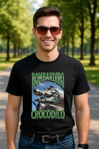 Tricou Barbat Tralalero Tralala cu personajul Bombadiro Crocodilo Funny Italian Brainrot Meme Graphic (1) - Img 4