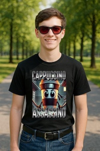 Tricou Barbat Tralalero Tralala cu personajul Cappuccino Assassino Coffee Lovers Italian Brainrot Meme