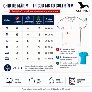 Tricou Bărbați cu Guler în V, 100% Bumbac, Slim Fit, 180 g/m², 14 Culori, Mărimi S–3XL - Img 3