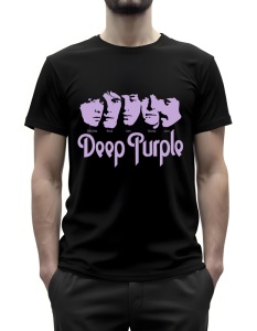 Tricou negru cu un design dedicat trupei Deep Purple, având siluetele stilizate ale membrilor trupei în violet și textul 'Deep Purple' dedesubt.
