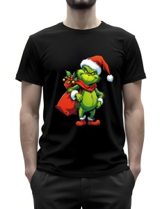 Tricou negru decorat cu un personaj verde cunoscut(Grinch) în costumul lui Moș Crăciun, având o expresie șireată și ținând un sac roșu cu frunze de vâsc, contribuind la o atmosferă festivă de Crăciun.