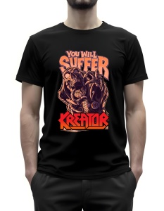Tricou negru cu un design inspirat de trupa Kreator, având o ilustrație în stil dark cu un personaj scheletic și textul 'You Will Suffer' deasupra, iar 'Kreator' scris în roșu în partea de jos.