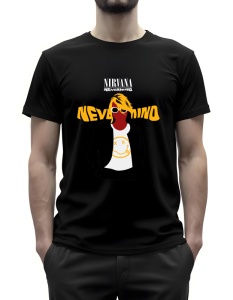 Tricou negru cu un design inspirat de Nirvana, arătând o siluetă stilizată a unui personaj cu păr blond, ochelari de soare și jachetă neagră, purtând un tricou cu fața zâmbitoare iconică și textul 'Nevermind' deasupra.