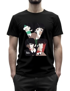 Tricou negru cu un design artistic stilizat, reprezentând portretele celor patru membri ai trupei The Beatles într-un stil geometric și colorat.