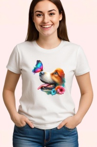 Tricou Beagle cu fluture turcoaz si floare roz design artistic Copii | Dama | Barbat Barbat