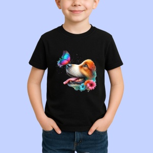 Tricou Beagle cu fluture turcoaz si floare roz design artistic Copii | Dama | Barbat, negru - Img 3