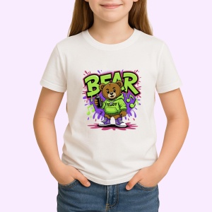Tricou Bear teddy verde cu hanorac muzical si graffiti violet Copii | Dama | Barbat Barbat - Img 4