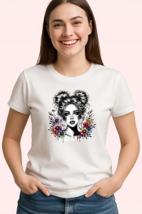 Tricou black white floral portrait sketch, portret floral alb negru in stil schita, Copii | Dama | Barbat - Img 4