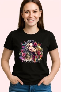 Tricou Blonde floral butterflies girl, fata blonda cu fluturi si flori, Copii | Dama | Barbat , tricou negru