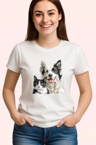 Tricou Border Collie si pisica alb negru prietenie autentica Copii | Dama | Barbat Barbat - Img 3