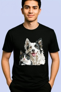 Tricou Border Collie si pisica alb negru prietenie autentica Copii | Dama | Barbat, negru - Img 2