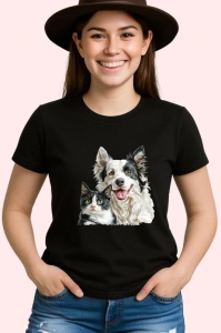 Tricou Border Collie si pisica alb negru prietenie autentica Copii | Dama | Barbat, negru