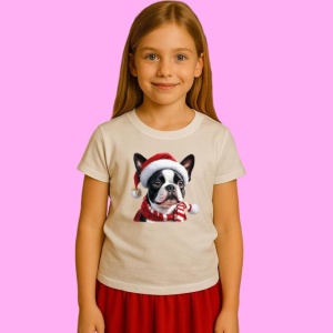 Tricou Boston Terrier Craciun Cu Fular, din bumbac 100%, tricou alb, Copii | Dama | Barbat