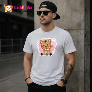 Tricou Bubble Tea Cat, din bumbac 100%, tricou alb, Dama | Barbat - Img 3