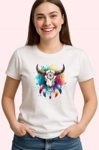 Tricou bull skull feathers watercolor, craniu de taur cu pene in acuarela, Copii | Dama | Barbat - Img 4