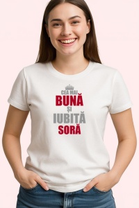 Tricou Buna Sora V1 Text Rosu Negru, din bumbac 100% , tricou alb pentru Dama