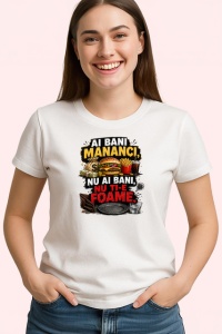 Tricou Burger Amuzant Ai Bani Mananci Mesaj Romanesc, din bumbac 100% , tricou alb pentru Copii | Dama | Barbat - Img 2