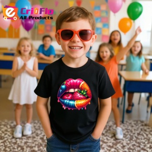 Tricou Buze bordo cu trandafir rosu, Lip gloss, Copii | Dama, culoare negru - Img 10