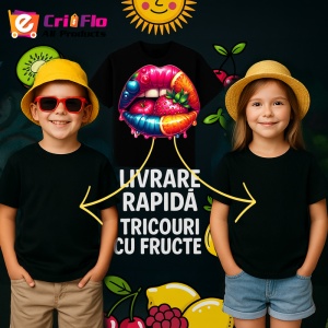 Tricou Buze bordo cu trandafir rosu, Lip gloss, Copii | Dama, culoare negru - Img 12