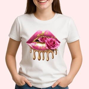 Tricou Buze femeie alb-violet cu trandafiri asortati, Lip gloss, Copii | Dama - Img 2