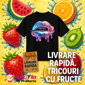 Tricou Buze femeie cu efect metalic si trandafir roz, Lip gloss, Copii | Dama, culoare negru - Img 7