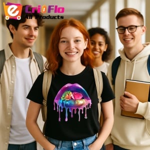 Tricou Buze femeie cu trandafir roz si stropi mov, Lip gloss, Copii | Dama, culoare negru - Img 16