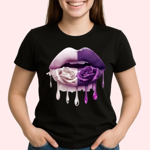Tricou Buze femeie curcubeu cu trandafir galben, Lip gloss, Copii | Dama, culoare negru - Img 2
