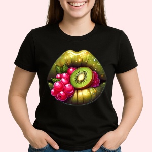 Tricou Buze femeie jumatate rosu jumatate negru cu trandafiri, Lip gloss, Copii | Dama, culoare negru - Img 2