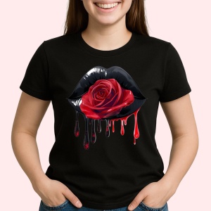 Tricou Buze femeie negre cu doi trandafiri roz inchis, Lip gloss, Copii | Dama, culoare negru - Img 2