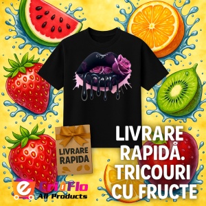 Tricou Buze femeie negre cu doi trandafiri roz inchis, Lip gloss, Copii | Dama, culoare negru - Img 7