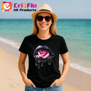 Tricou Buze femeie negre cu trandafir roz deschis, Lip gloss, Copii | Dama, culoare negru - Img 6