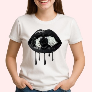 Tricou Buze femeie negre cu trandafir roz si negru, Lip gloss, Copii | Dama - Img 2
