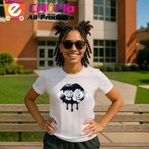 Tricou Buze femeie negre cu trandafiri albi, Lip gloss, Copii | Dama - Img 5